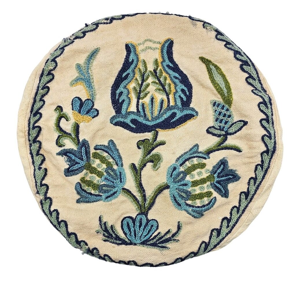 Vintage Handmade Crewel Embroidery Round Pillow Cover 12" Blue Thistle Design